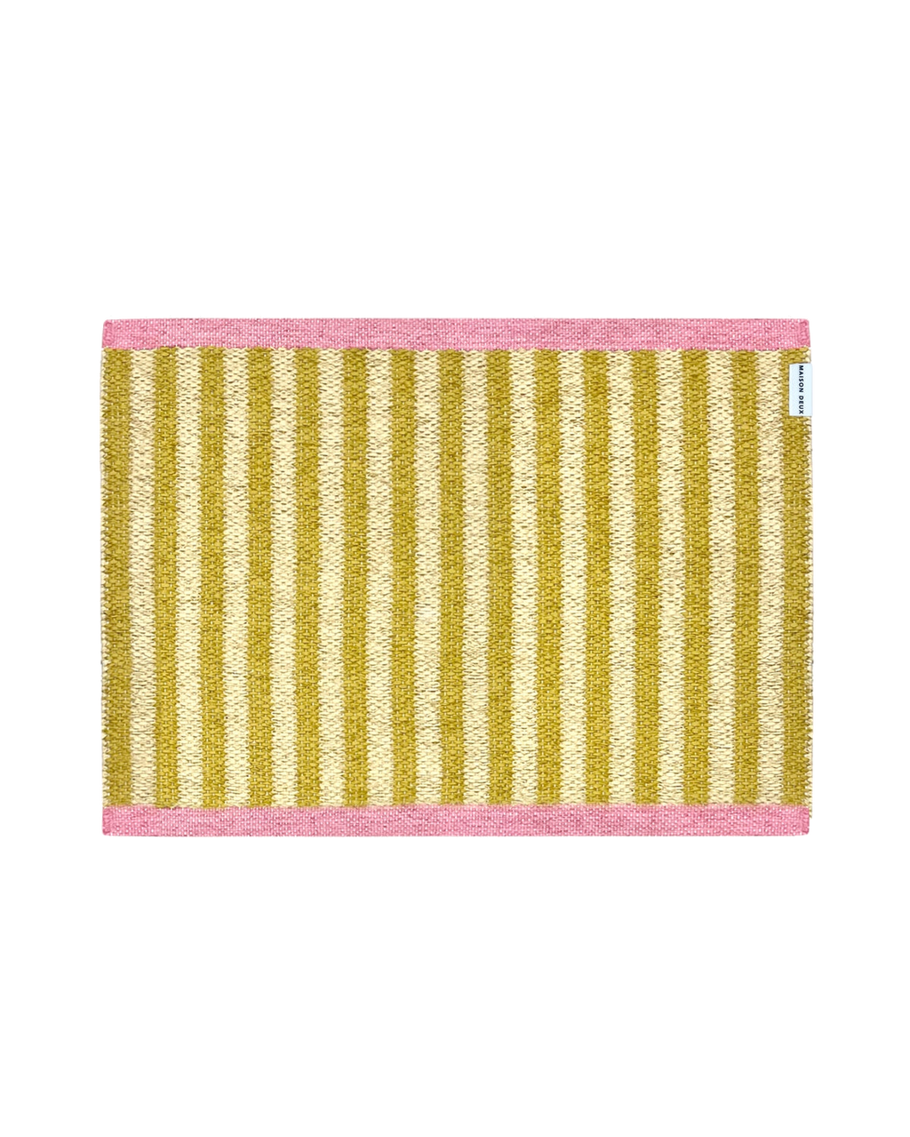 Close-up of Swedish woven jacquard stripe pattern, mustard yellow and cream with pink border