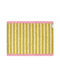 Close-up of Swedish woven jacquard stripe pattern, mustard yellow and cream with pink border