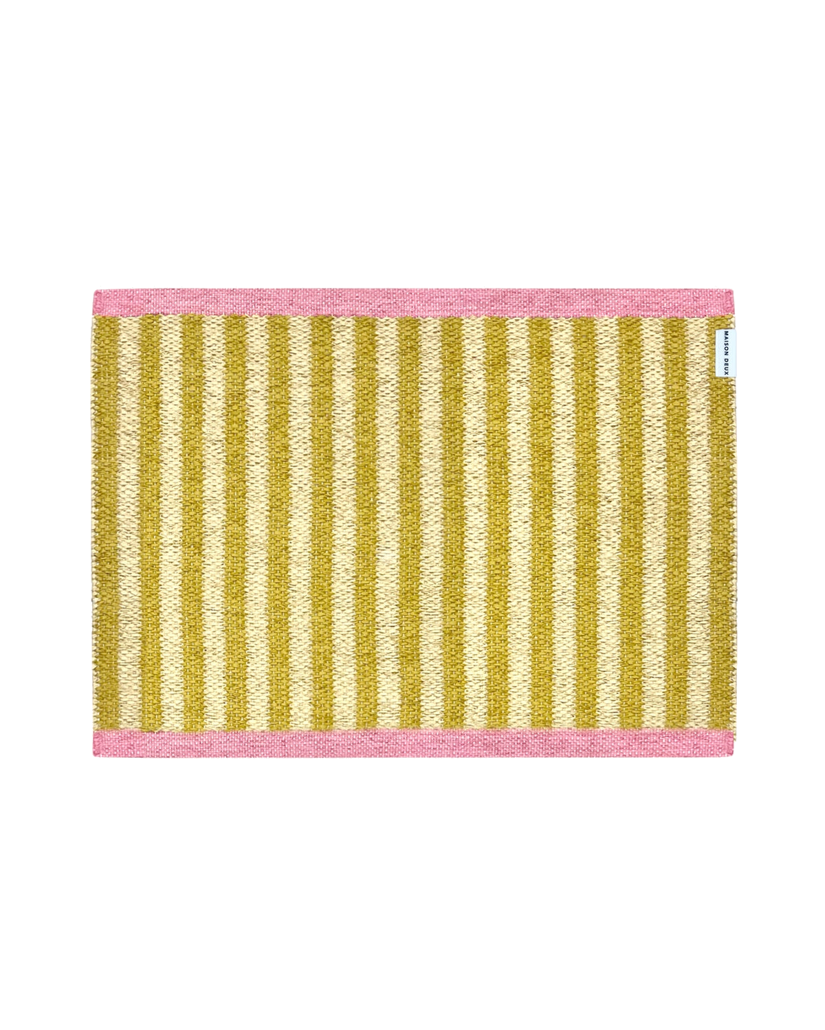 Close-up of Swedish woven jacquard stripe pattern, mustard yellow and cream with pink border