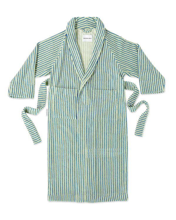 Dual Stripe Bathrobe Sage Cobalt Blue
