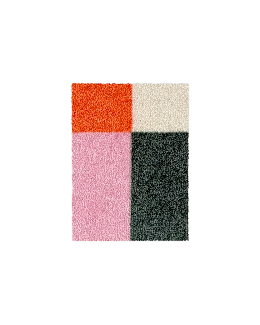Orange, cream, pink and dark green check pattern doormat sample swatch