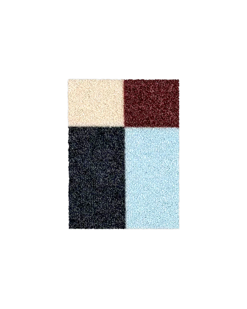 Cream, burgundy, black and light blue check pattern doormat sample swatch