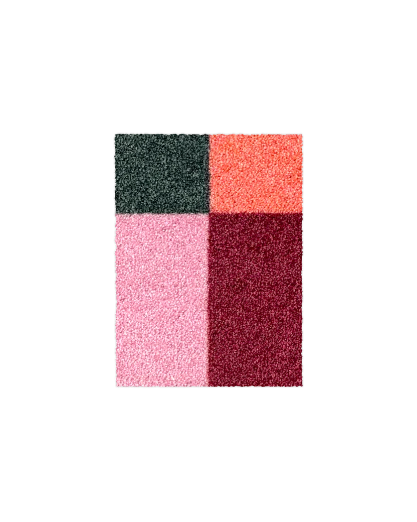 Dark green, orange, pink and burgundy check pattern doormat sample swatch
