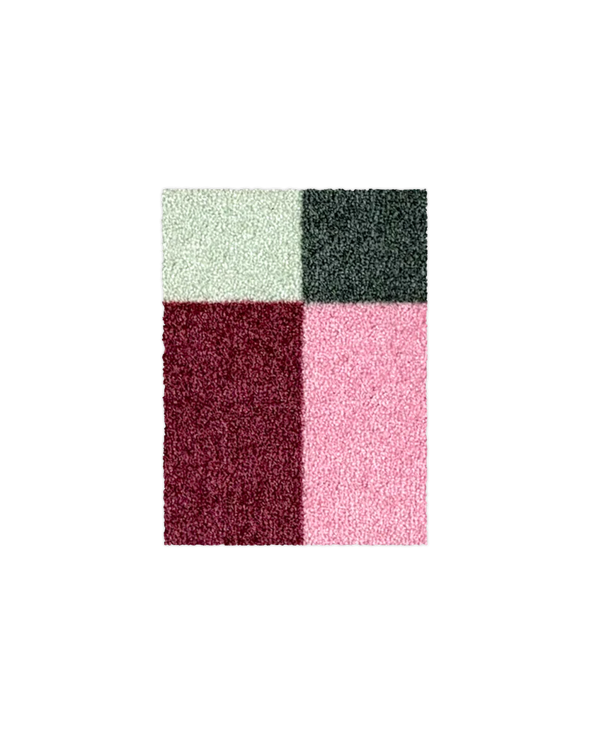 Mint, dark green, burgundy and pink check pattern doormat sample swatch