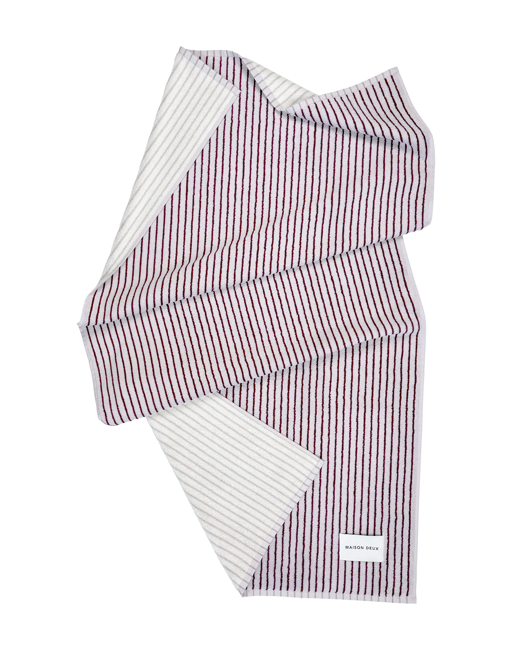 Lilac and bordeaux striped beach towel, organic cotton terry