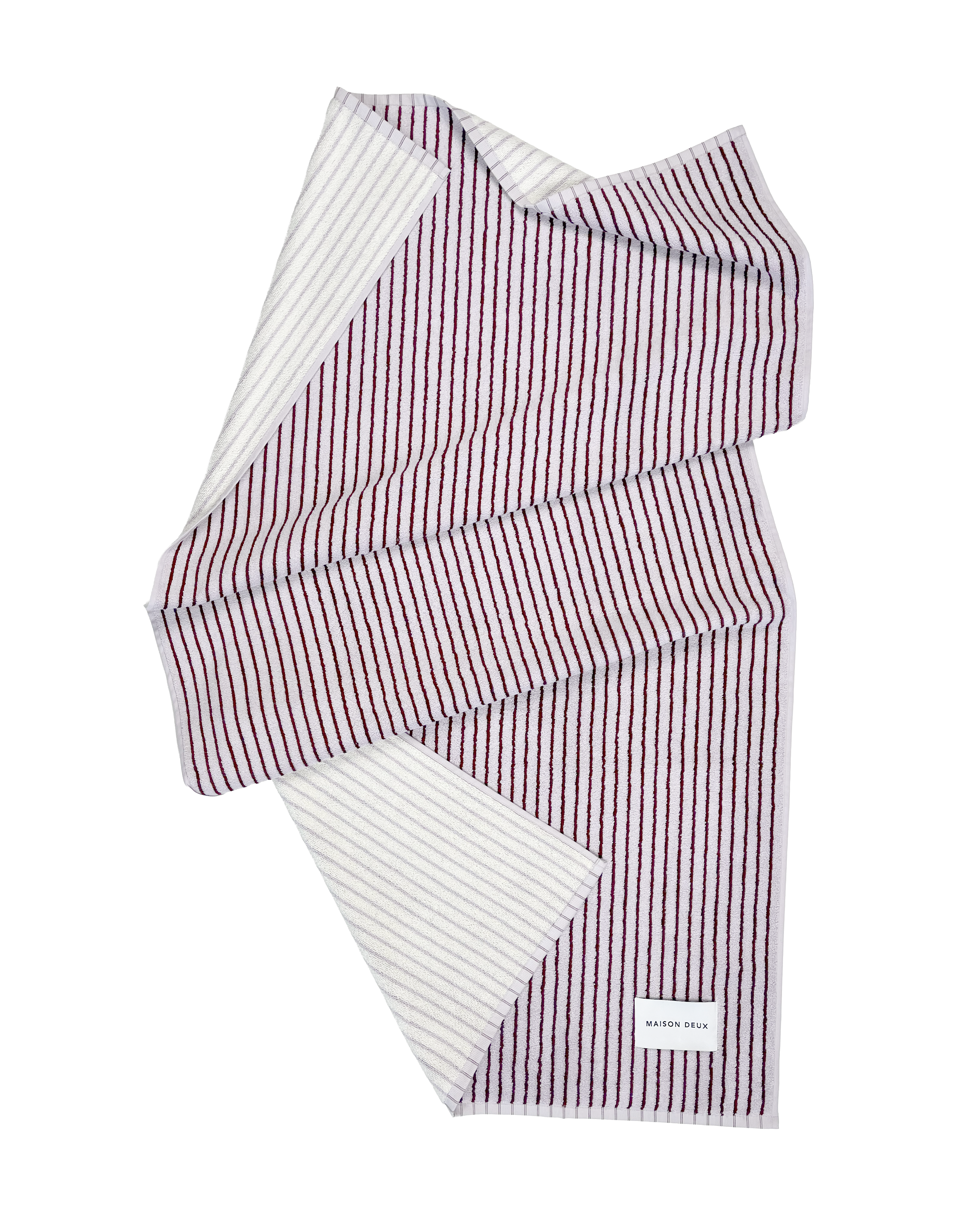 Lilac and bordeaux striped beach towel, organic cotton terry