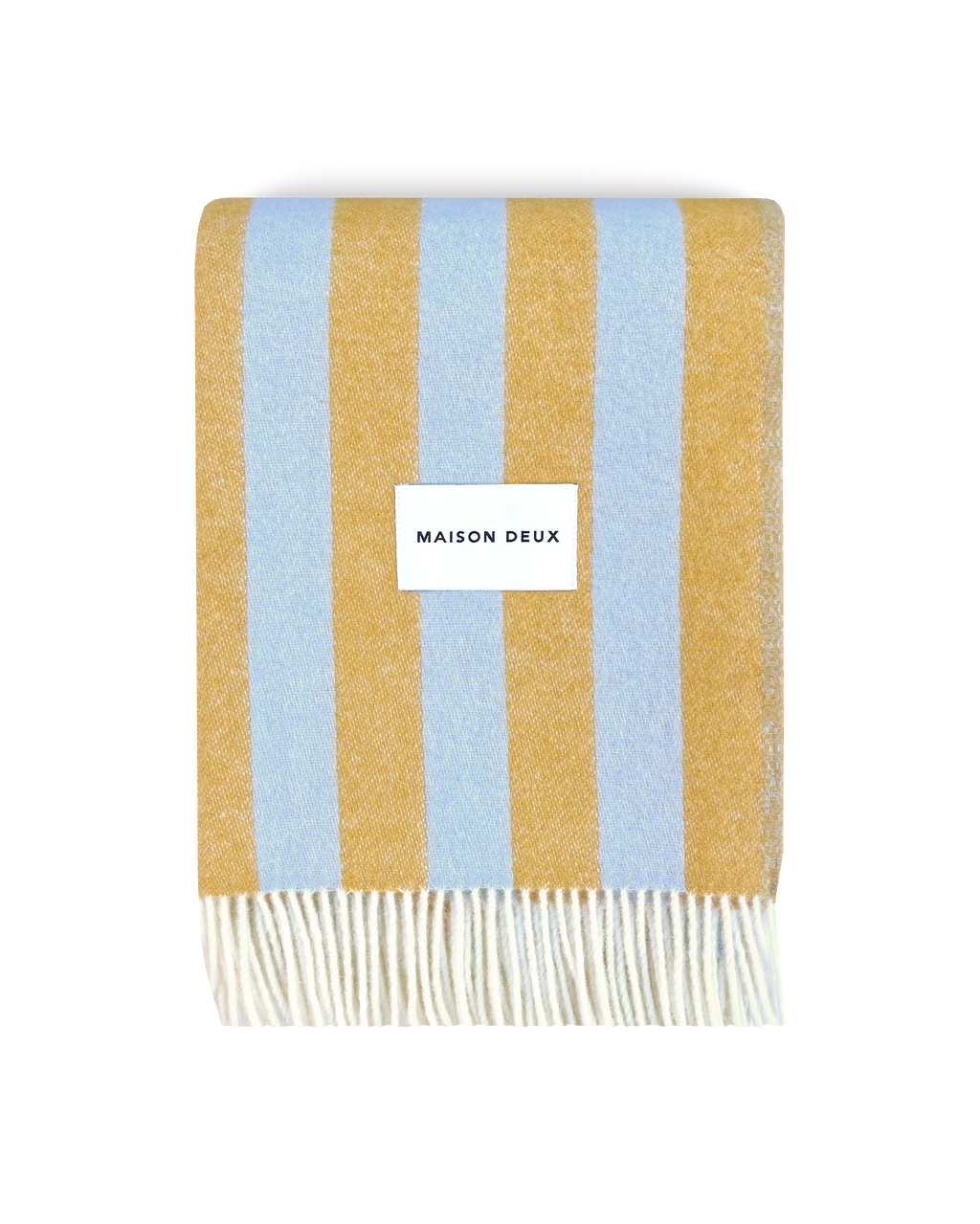 Blue and honey yellow striped wool blanket folded with fringe detail