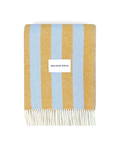 Blue and honey yellow striped wool blanket folded with fringe detail
