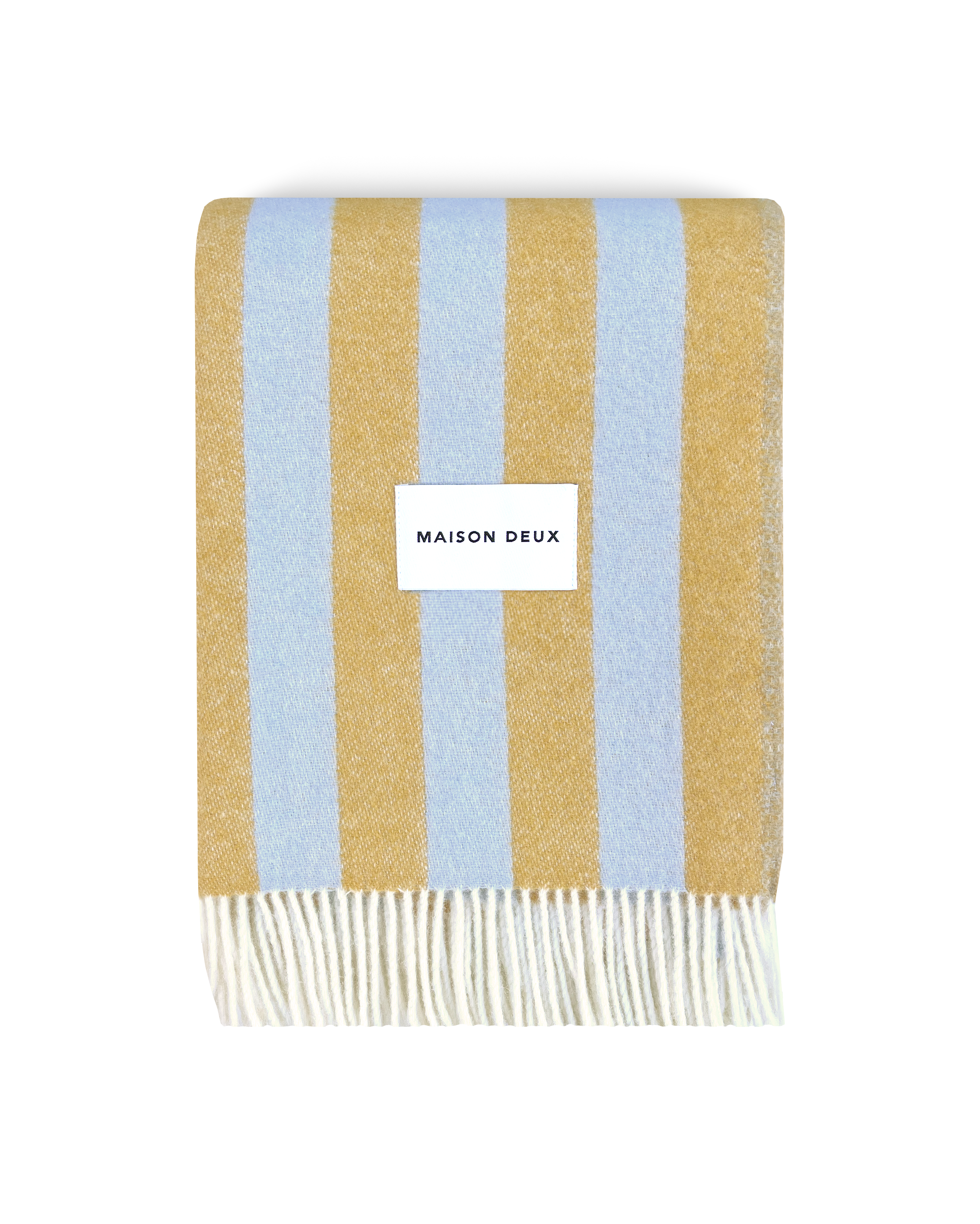 Blue and honey yellow striped wool blanket folded with fringe detail