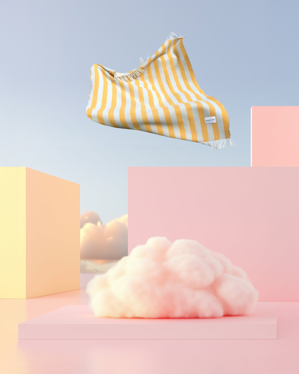 Blue and honey yellow striped wool blanket styled with pastel display blocks