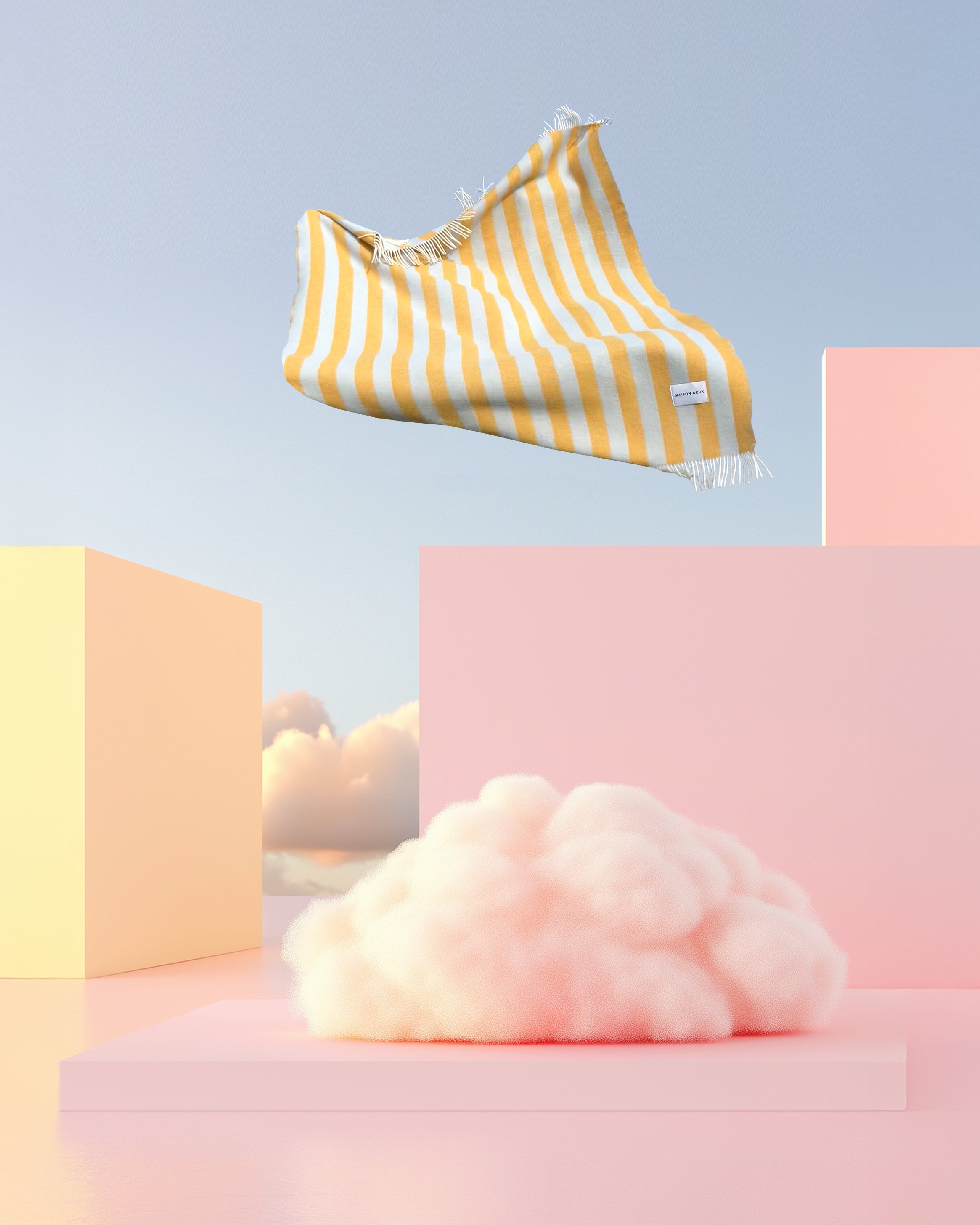 Blue and honey yellow striped wool blanket styled with pastel display blocks