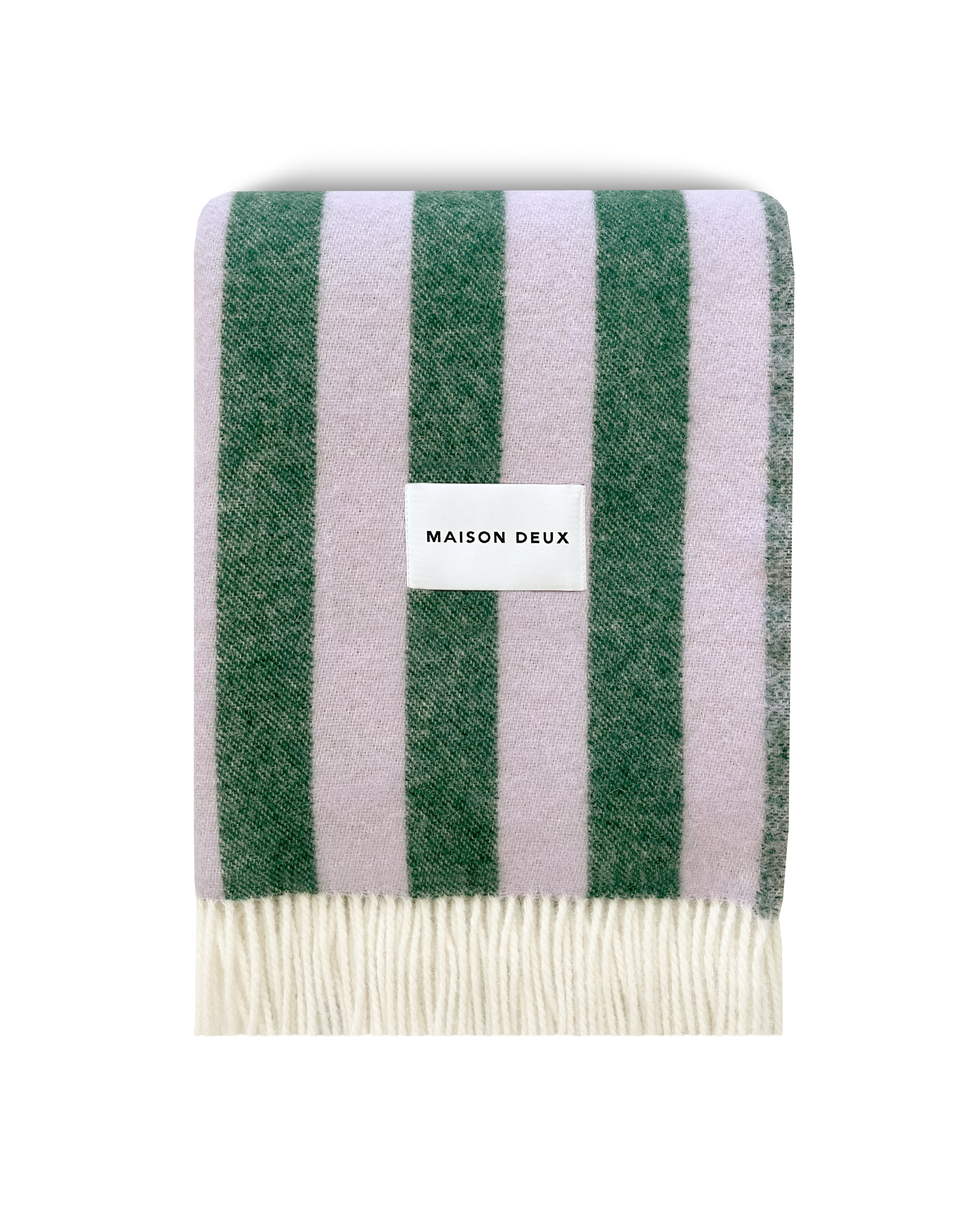 Lilac and green striped wool blanket folded with fringe detail
