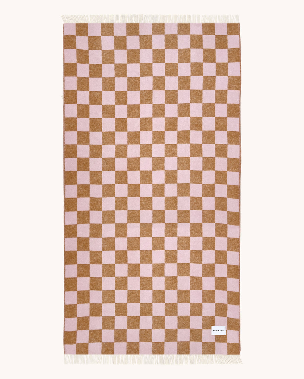 Terracotta and pink checkerboard wool throw shown flat, XL size