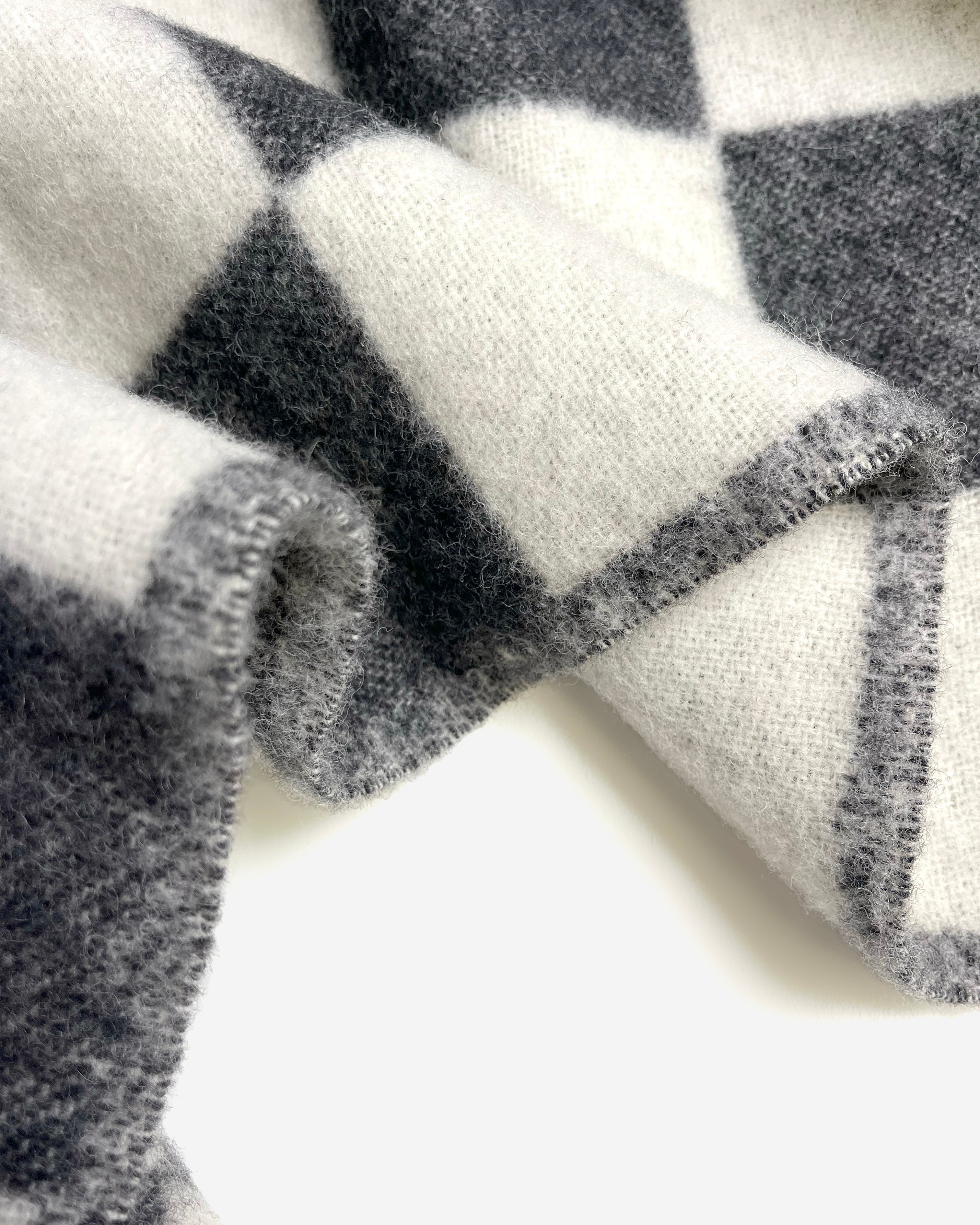 Close-up of folded black and white checkerboard wool blanket
