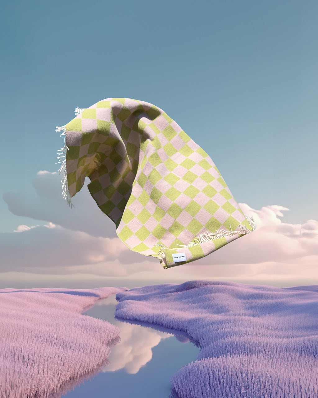 Lime green and pink checkerboard wool blanket styled floating over pastel cloud and wave landscape
