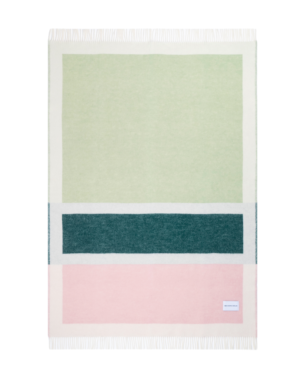 Sage green, dark green, and pink color block wool throw
