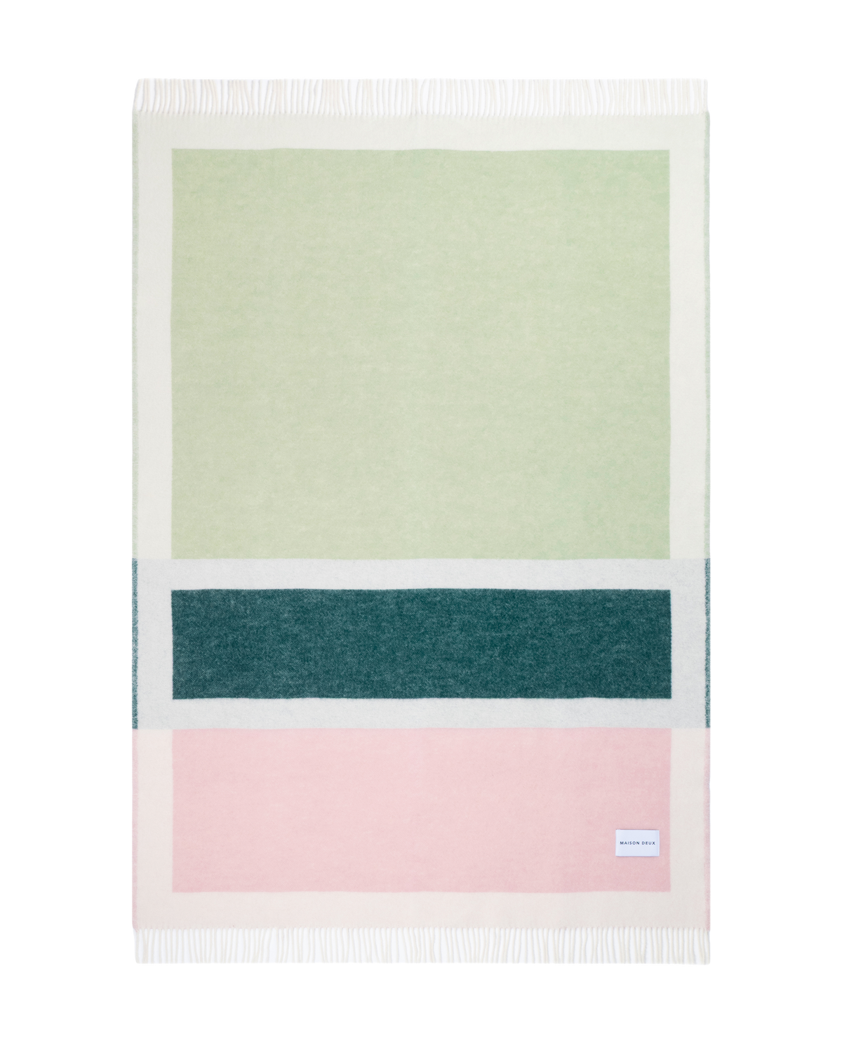 Sage green, dark green, and pink color block wool throw

