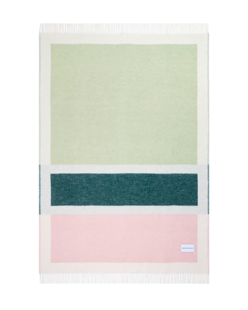 Sage green, dark green, and pink color block wool throw
