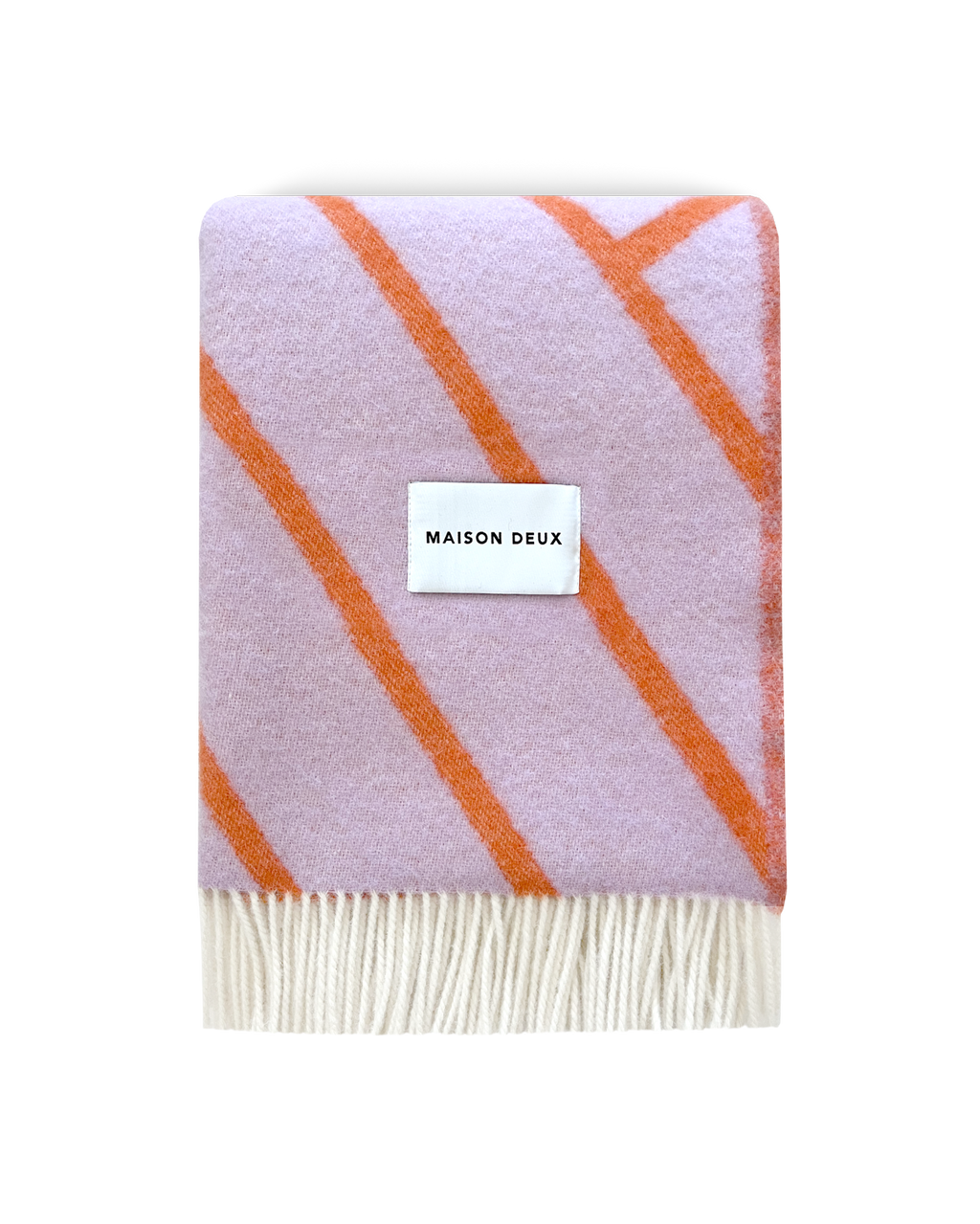 Lilac and orange diagonal striped wool blanket folded with fringe detail
