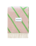 Pink and apple green diagonal striped wool blanket folded with fringe detail
