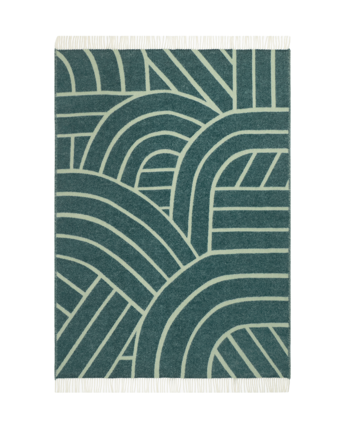 Green and sage wool throw with curved arch line pattern, reverse side
