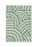 Green and sage wool throw with curved arch line pattern, front side

