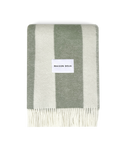 Sage green and white striped wool blanket folded with fringe detail
