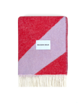 Lilac and scarlet swirl wool blanket folded with fringe detail
