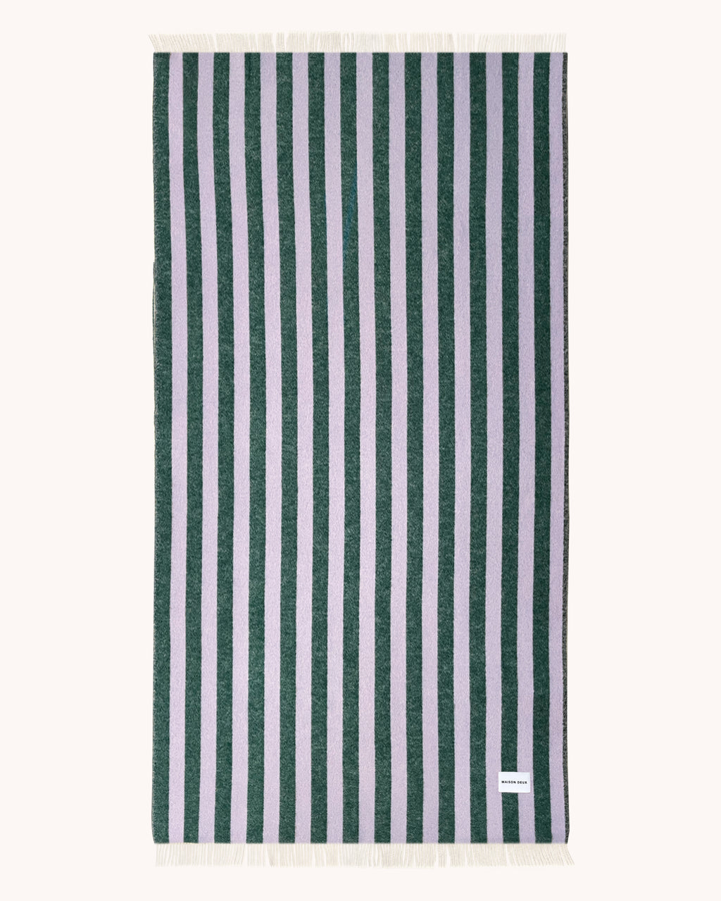 Lilac and green striped wool throw shown flat with fringe detail, XL size