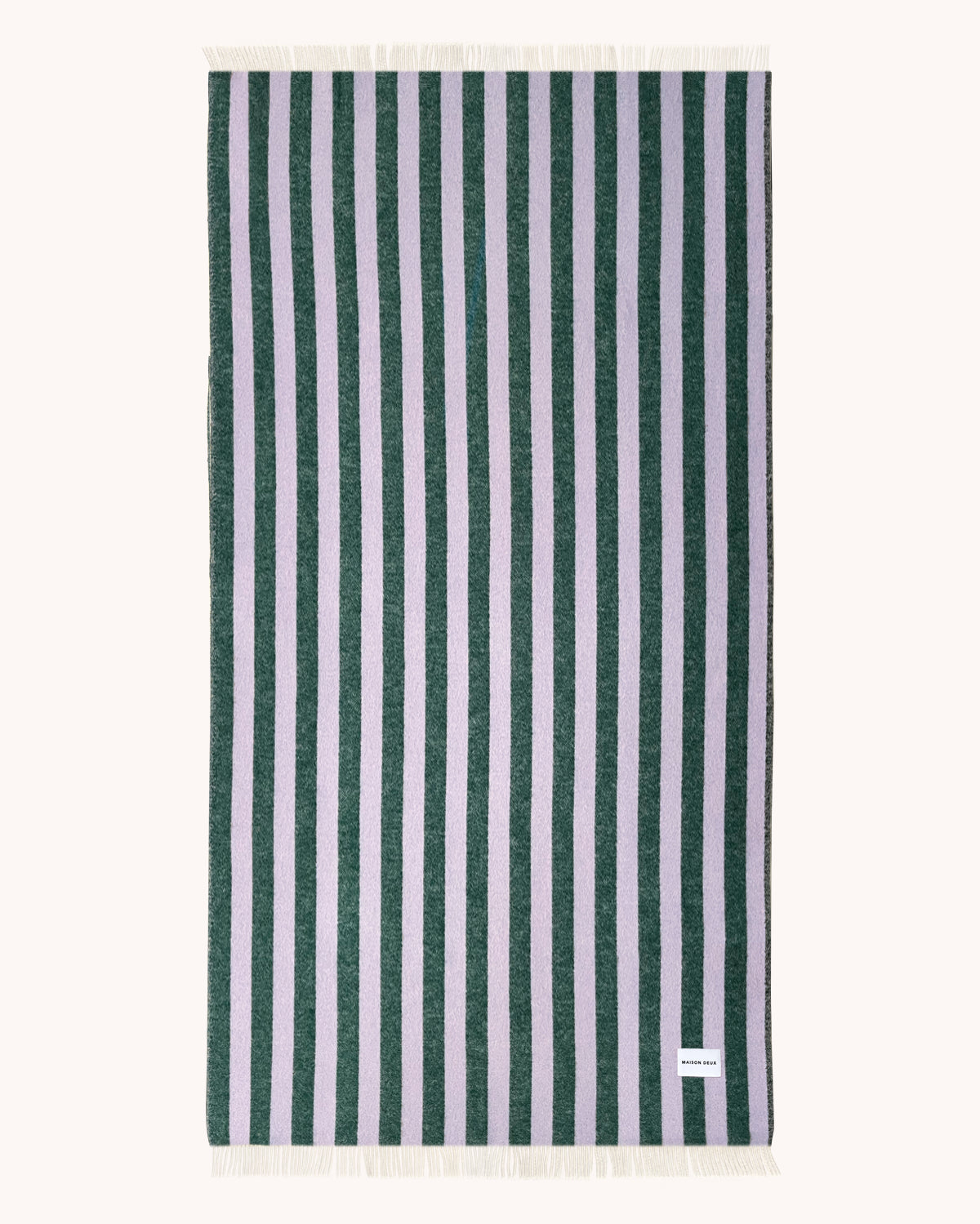 Lilac and green striped wool throw shown flat with fringe detail, XL size