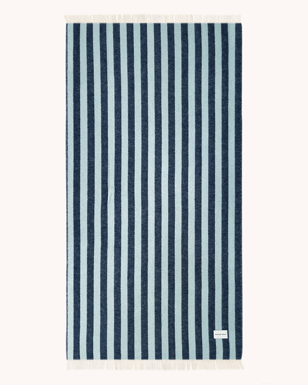 Navy and light blue striped wool throw shown flat with fringe detail, XL size