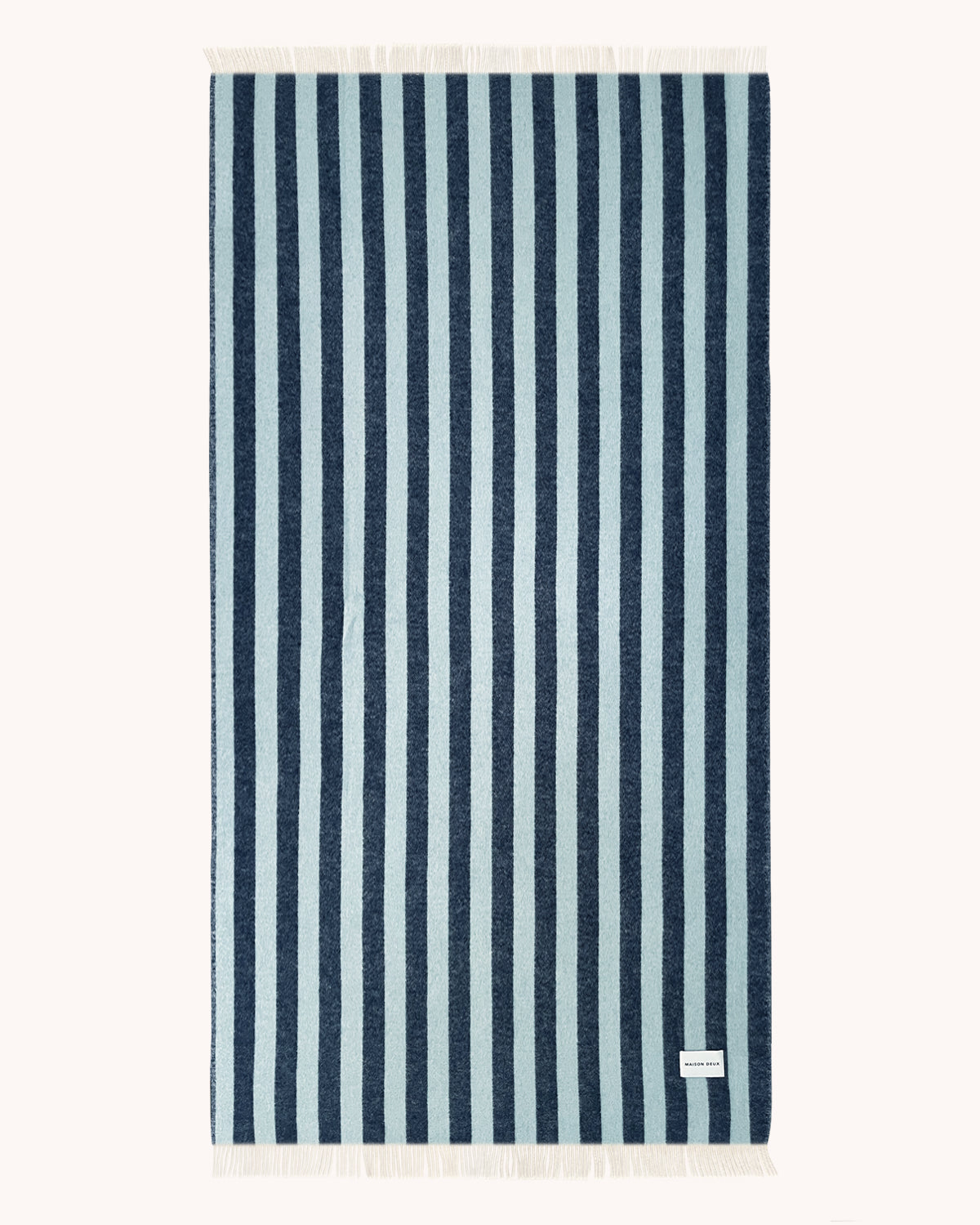 Navy and light blue striped wool throw shown flat with fringe detail, XL size
