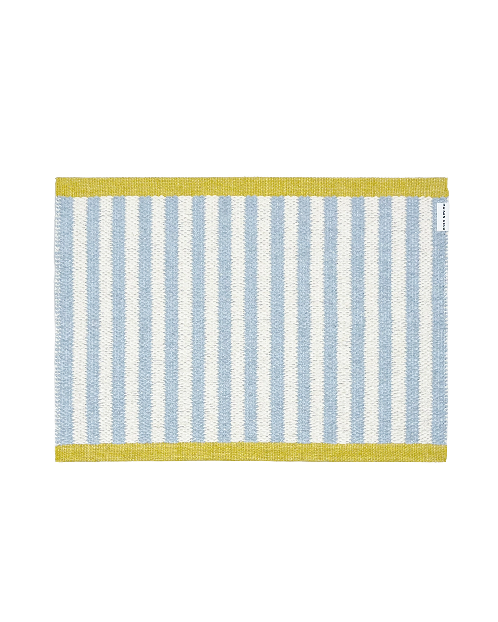 50 x 70 cm sky blue and white striped doormat with mustard border, machine washable