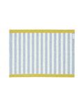 50 x 70 cm sky blue and white striped doormat with mustard border, machine washable