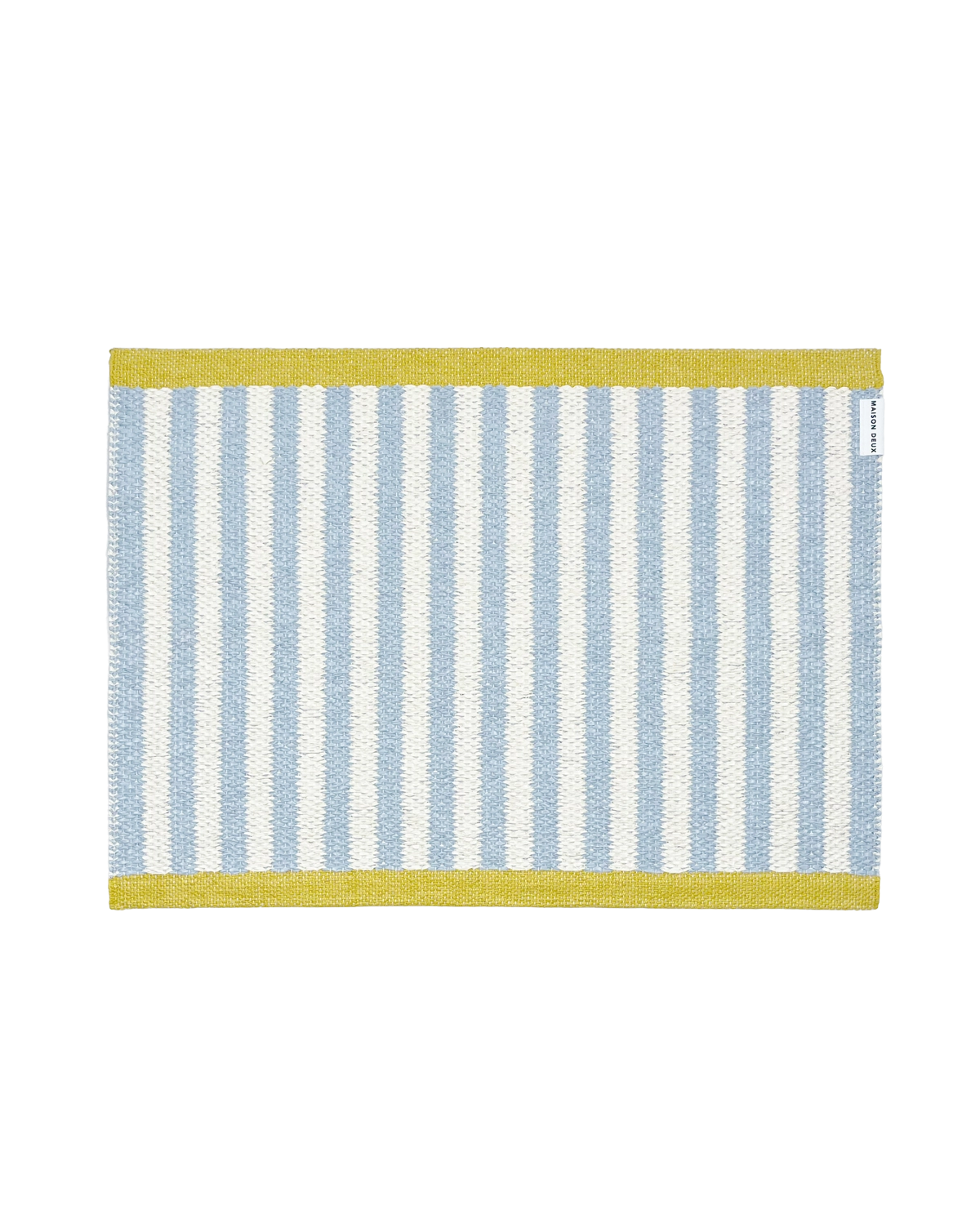 50 x 70 cm sky blue and white striped doormat with mustard border, machine washable