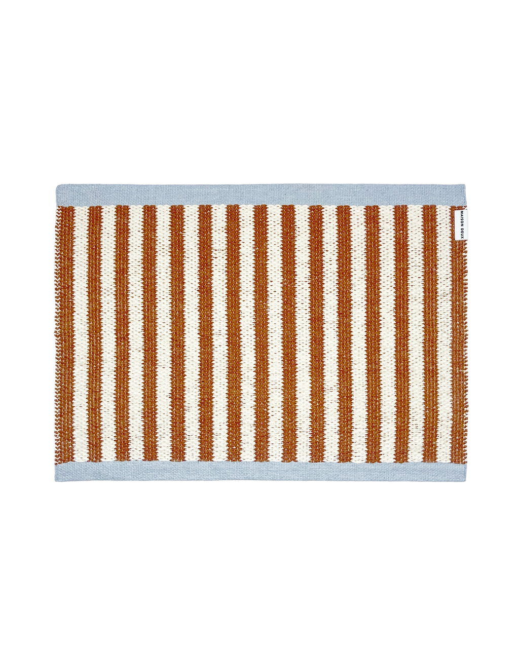 50 x 70 cm terracotta orange and white striped doormat with blue border, machine washable