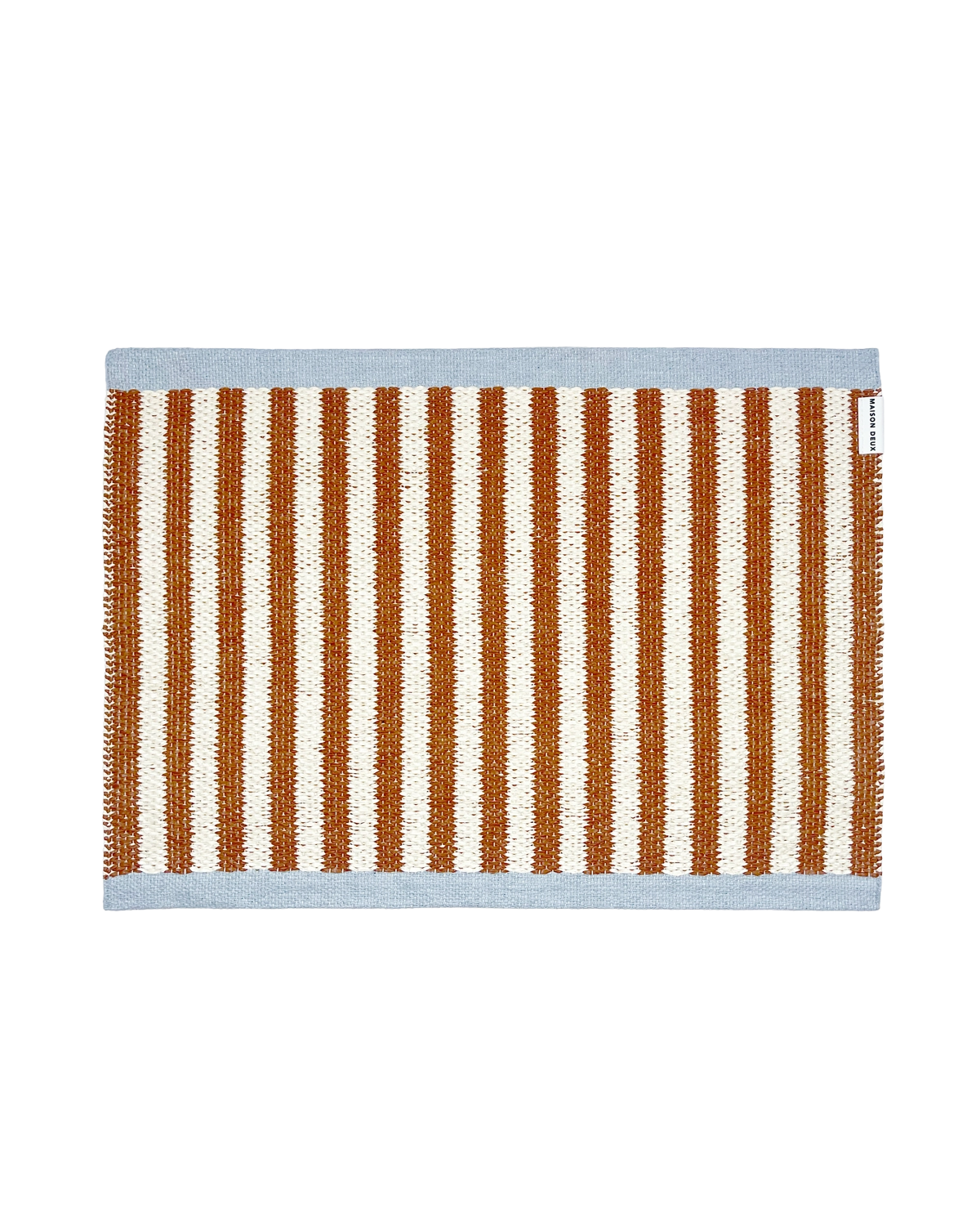 50 x 70 cm terracotta orange and white striped doormat with blue border, machine washable