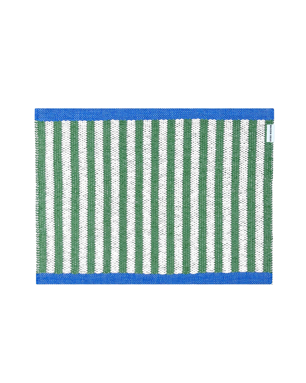 50 x 70 cm white and green striped doormat with blue border, machine washable