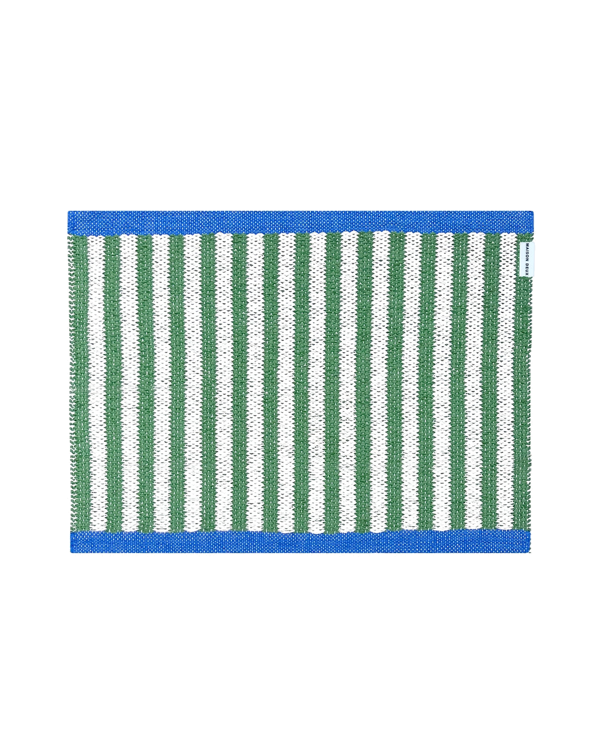 50 x 70 cm white and green striped doormat with blue border, machine washable