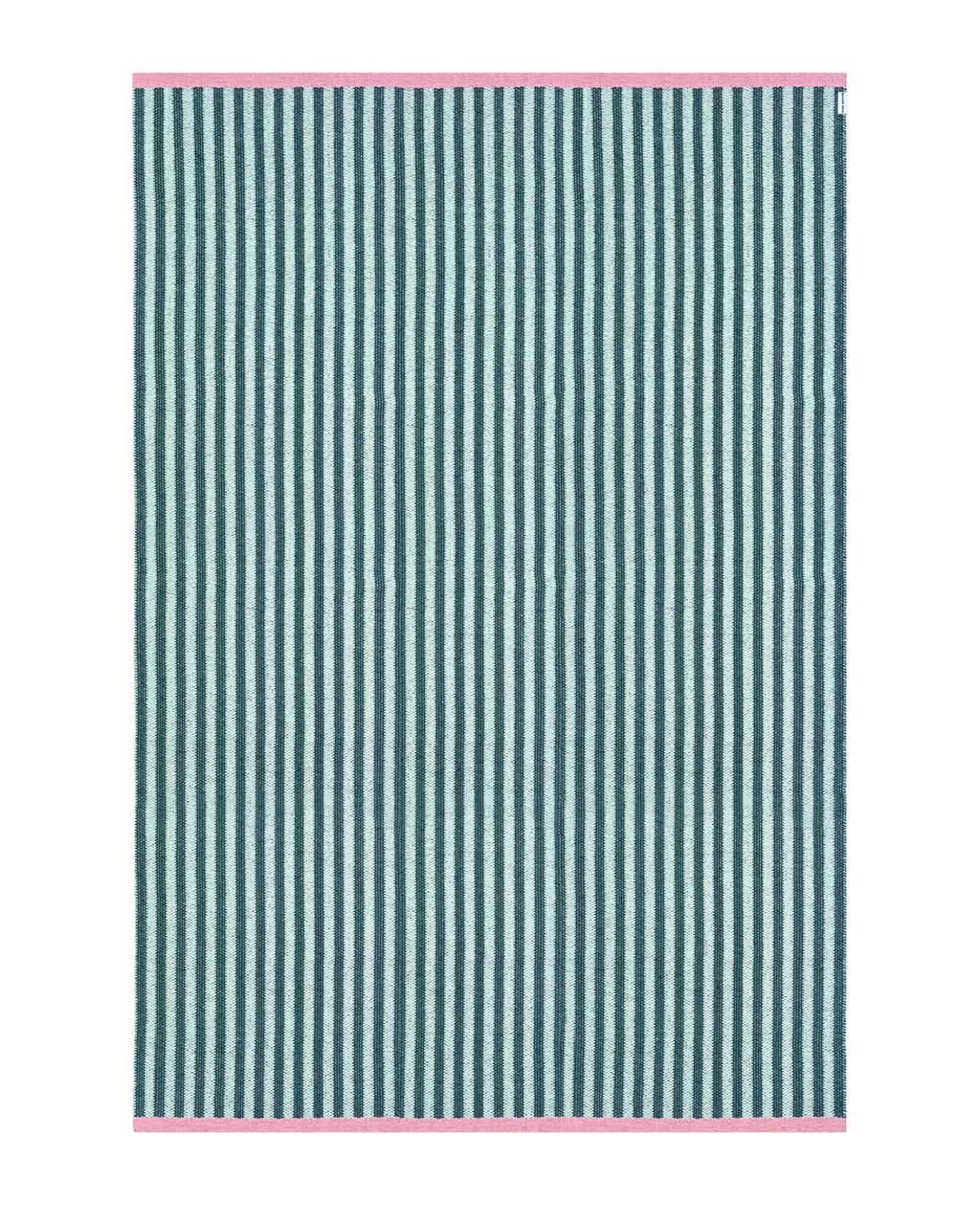 "	Dark green and light green striped outdoor rug with pink border"
