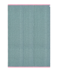 "	Dark green and light green striped outdoor rug with pink border"
