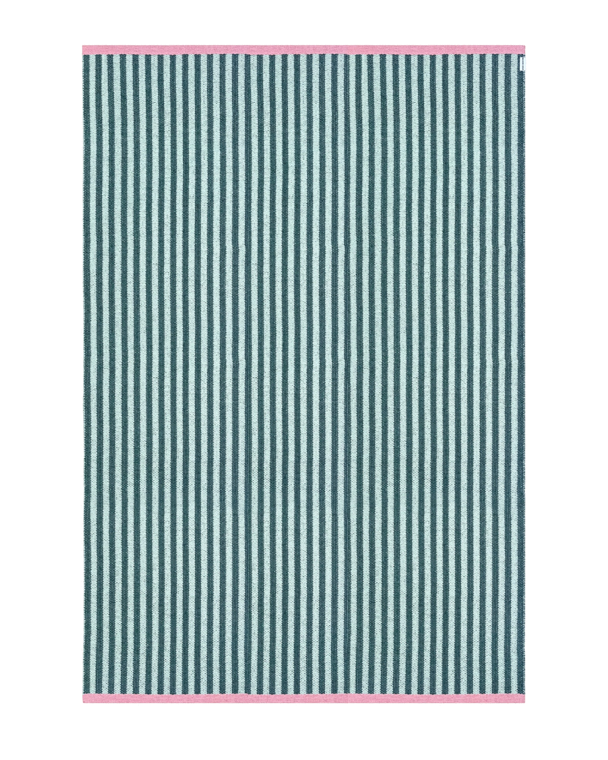 "	Dark green and light green striped outdoor rug with pink border"
