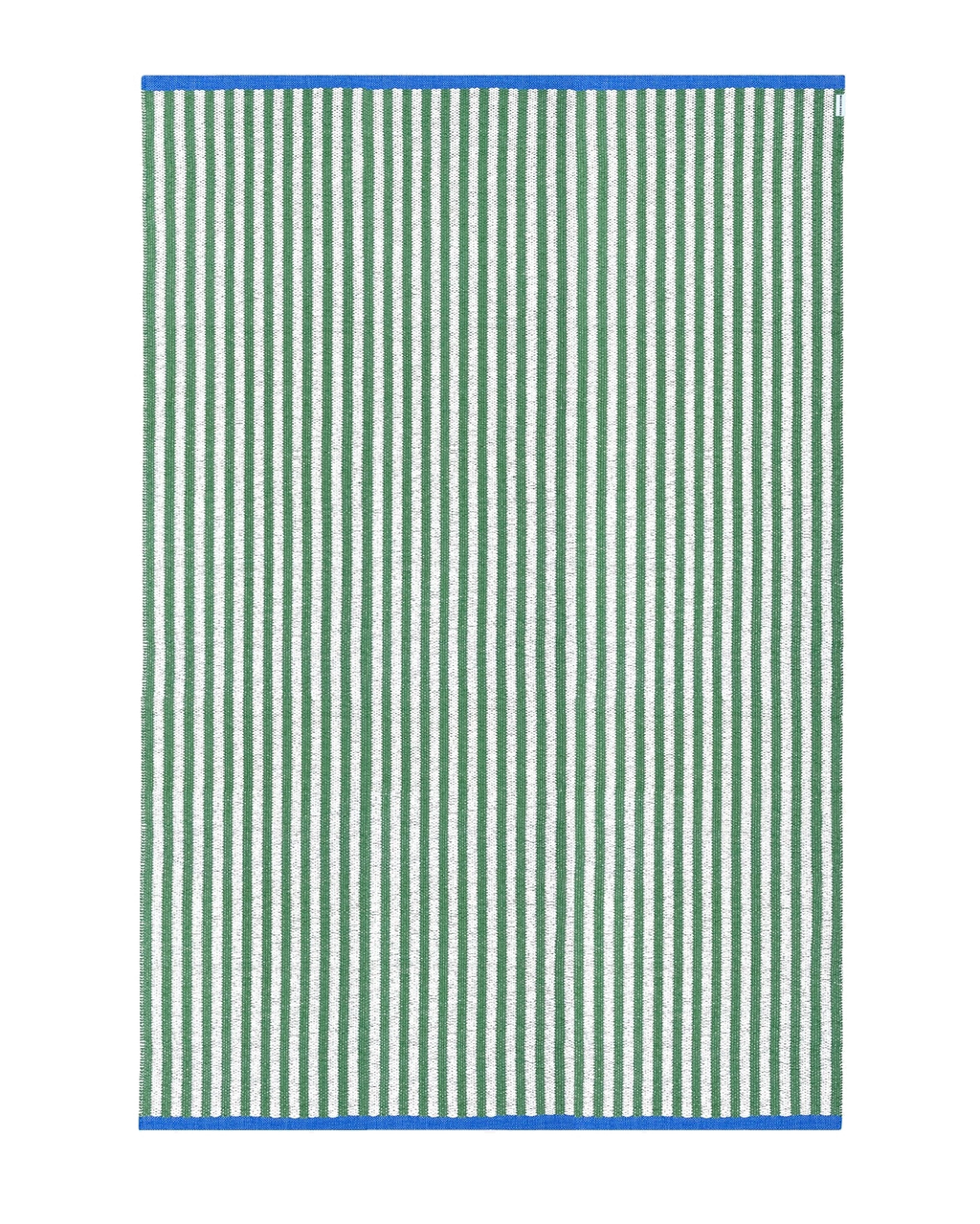 Green and white striped outdoor rug with blue border