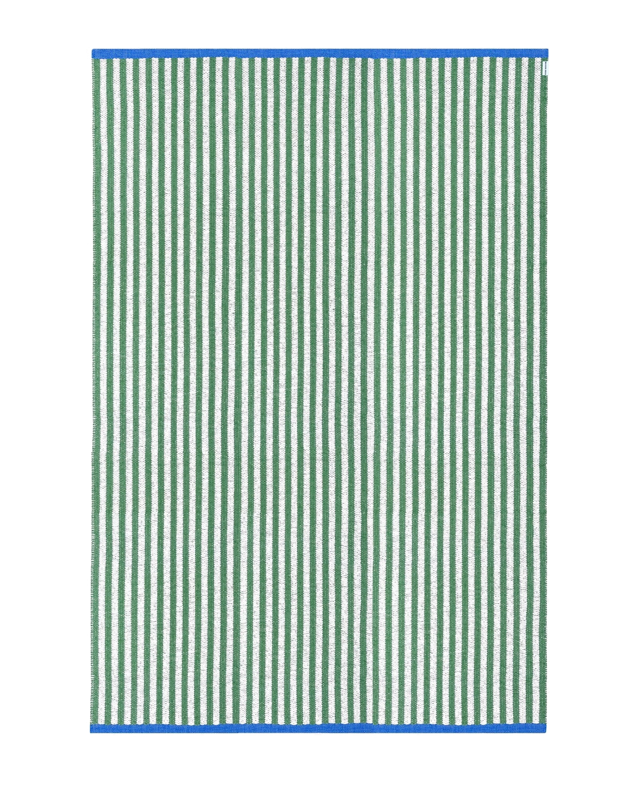 Green and white striped outdoor rug with blue border
