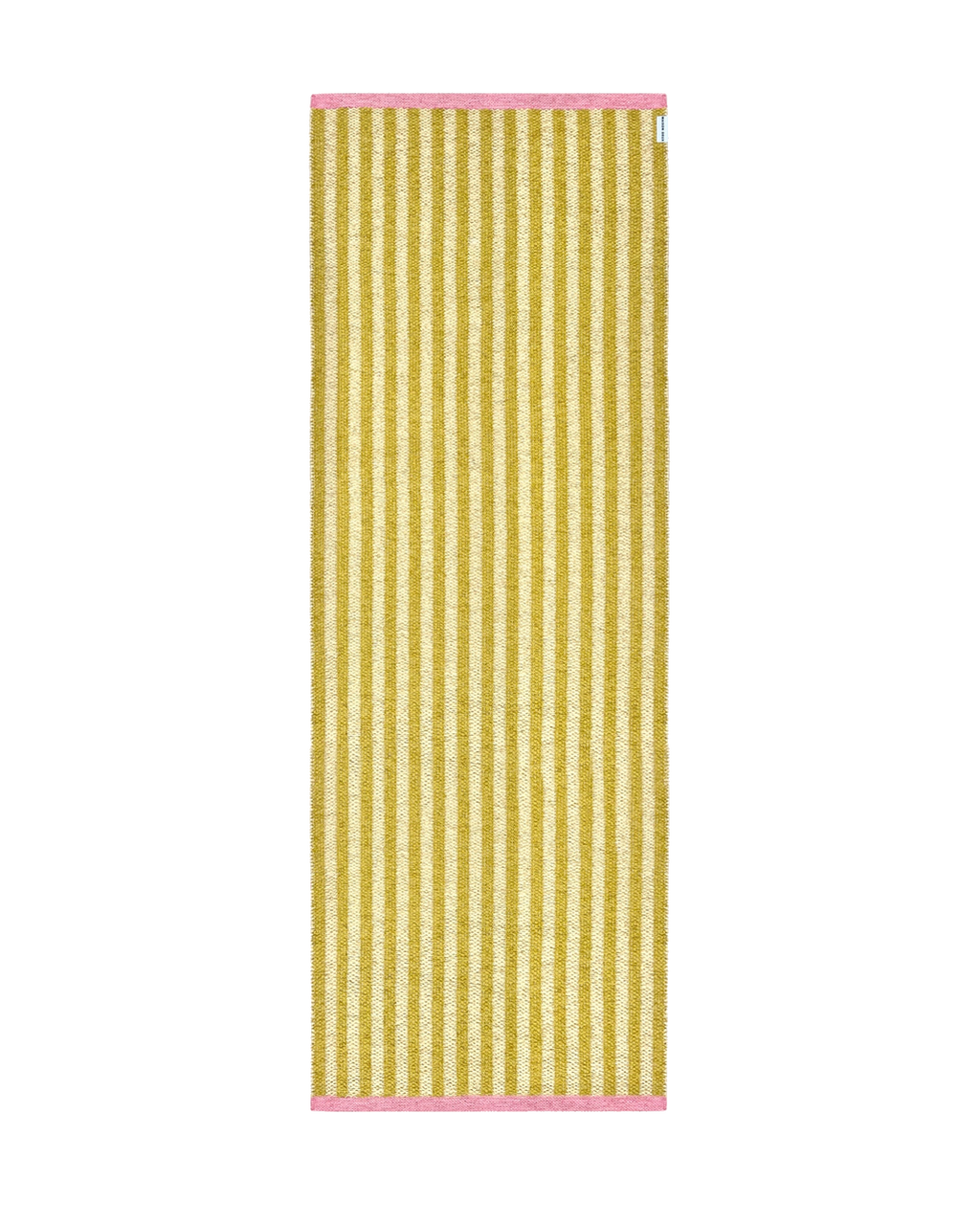 Mustard yellow and cream striped outdoor rug with pink border, rolled