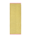 Mustard yellow and cream striped outdoor rug with pink border, rolled