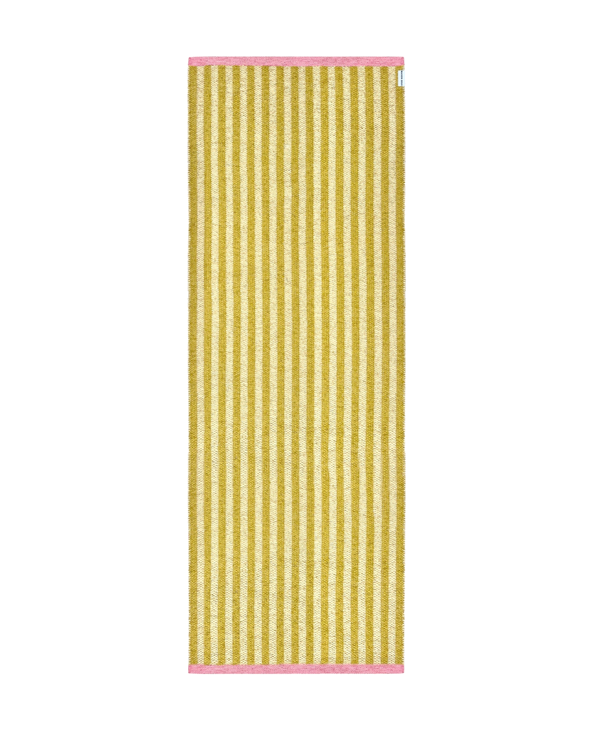 Mustard yellow and cream striped outdoor rug with pink border, rolled
