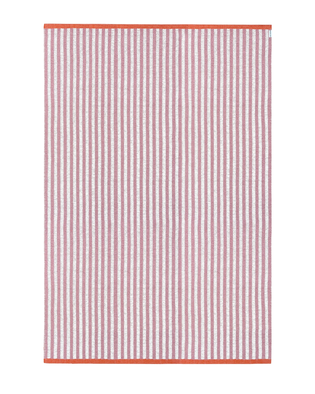 Pink and white striped outdoor rug with coral border