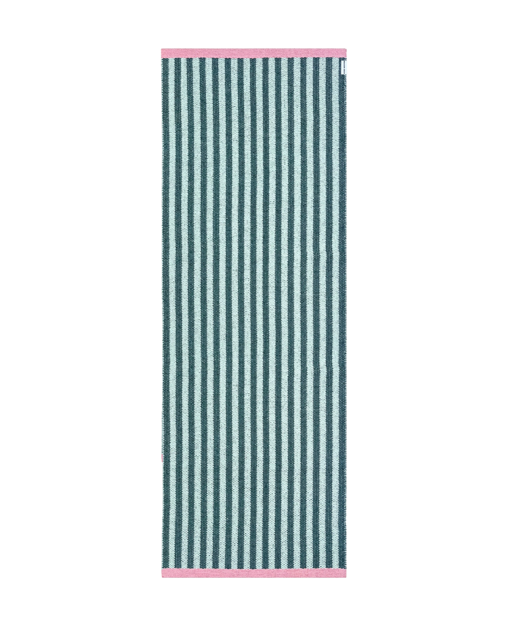  Dark green and light green striped rug with pink border, rolled