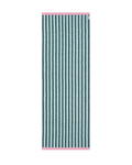 Dark green and light green striped rug with pink border, rolled